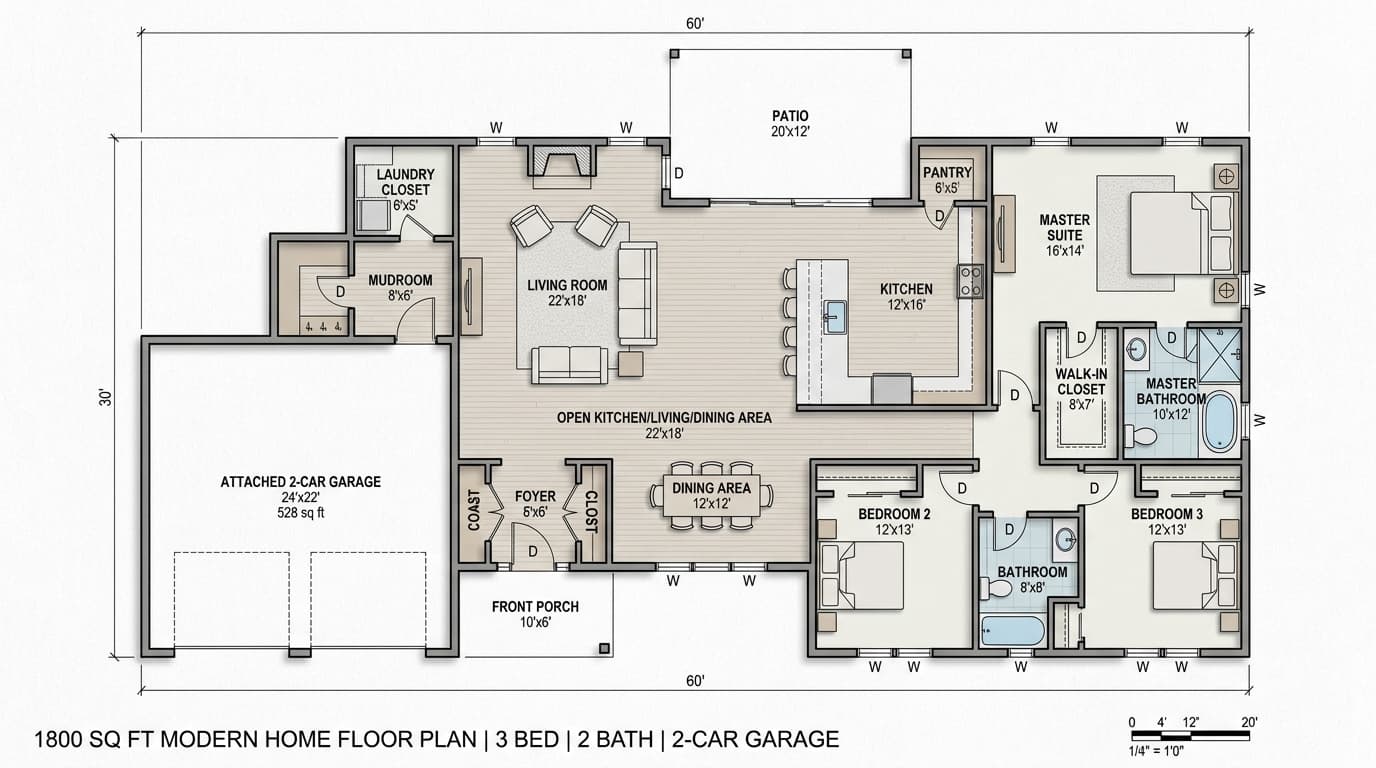 1,800 square foot floor plan with efficient layout and 3 bedrooms