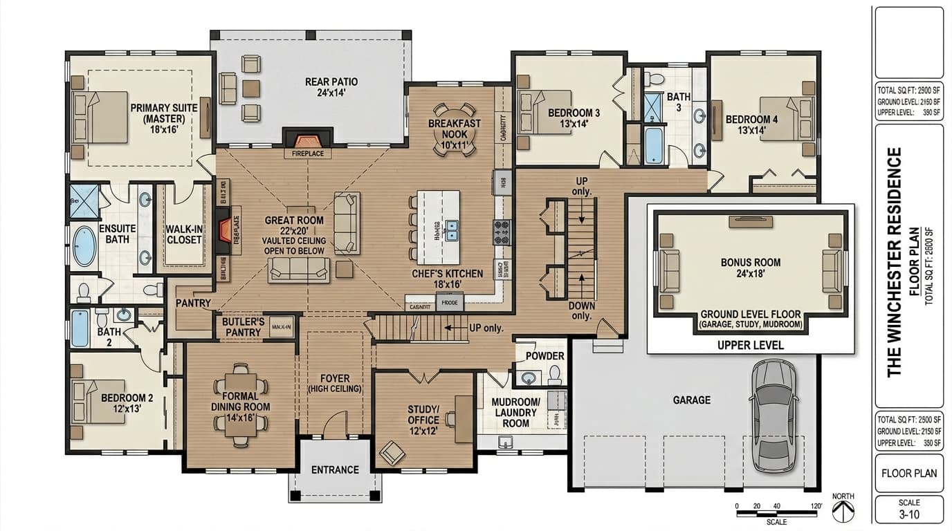 2,500 square foot floor plan with 4 bedrooms and premium living spaces