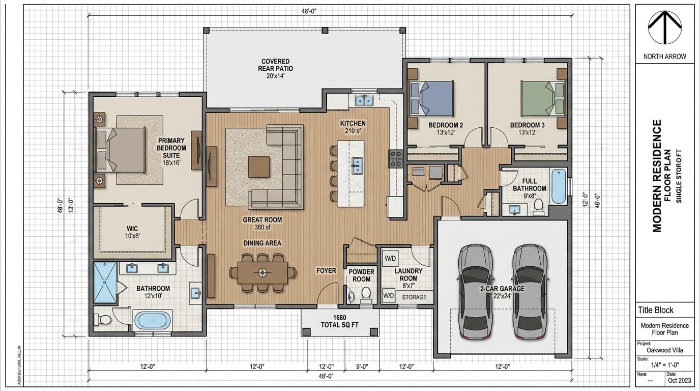 3-bedroom floor plans showing ranch, craftsman, and modern house designs