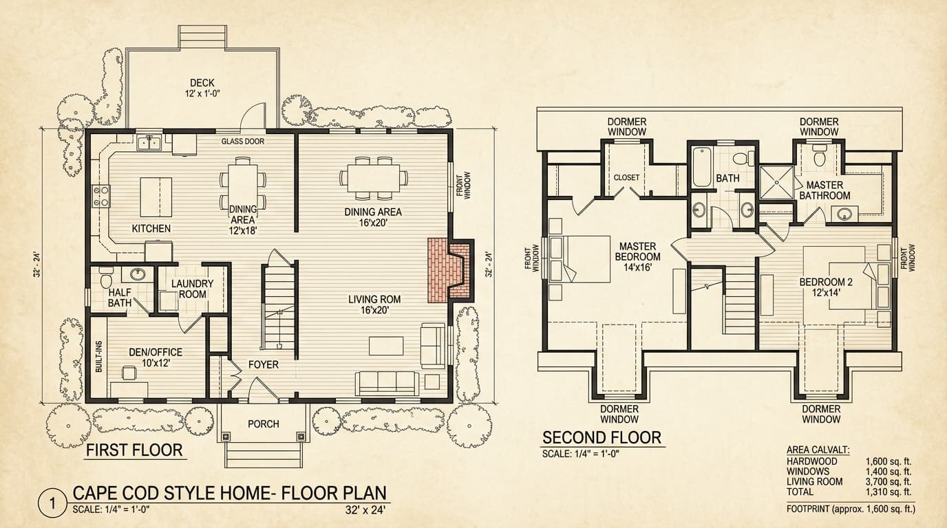 Cape Cod floor plan with dormer windows and classic New England styling