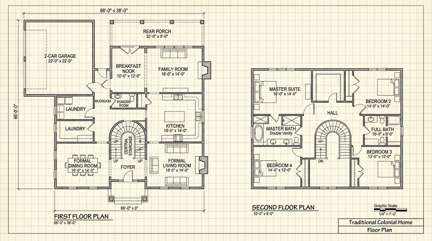 Colonial floor plan with formal entry, symmetrical facade, and two-story design