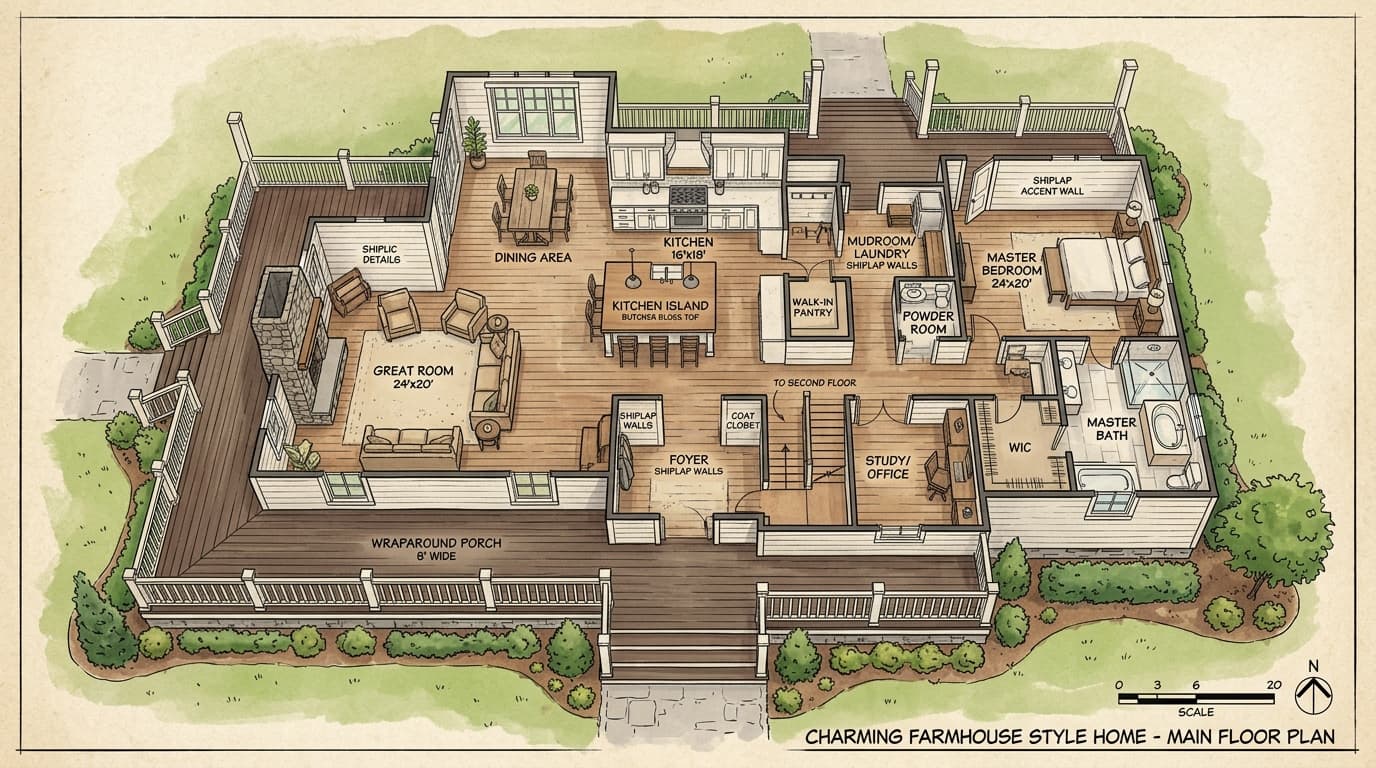 Farmhouse floor plan with shiplap, open kitchen, and wraparound porch