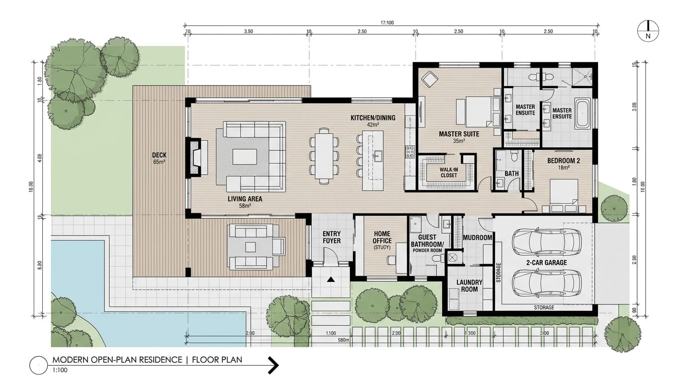 Modern floor plan with clean lines, open concept, and floor-to-ceiling windows
