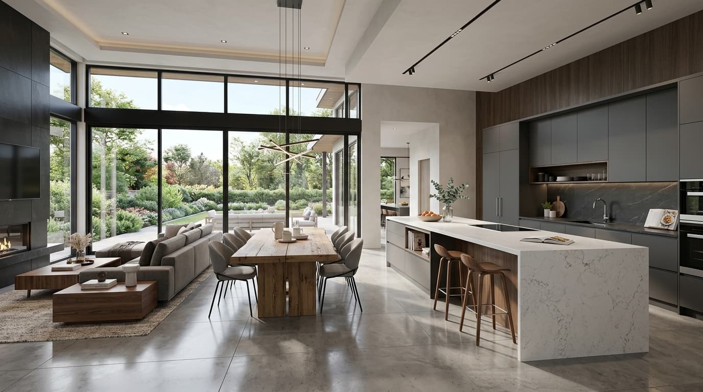 Open concept floor plan with seamless flow between kitchen, dining, and living areas