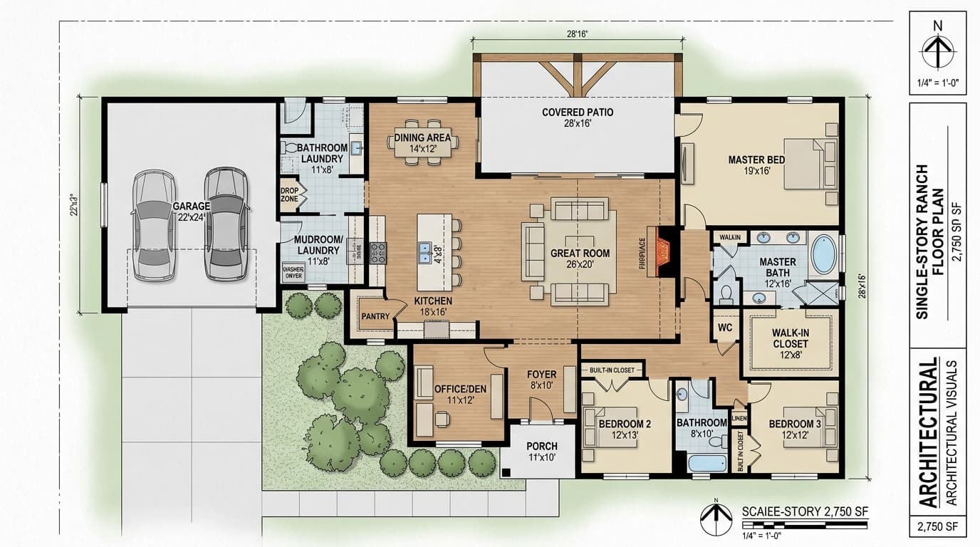 Ranch floor plan showing single-story open concept with split bedrooms