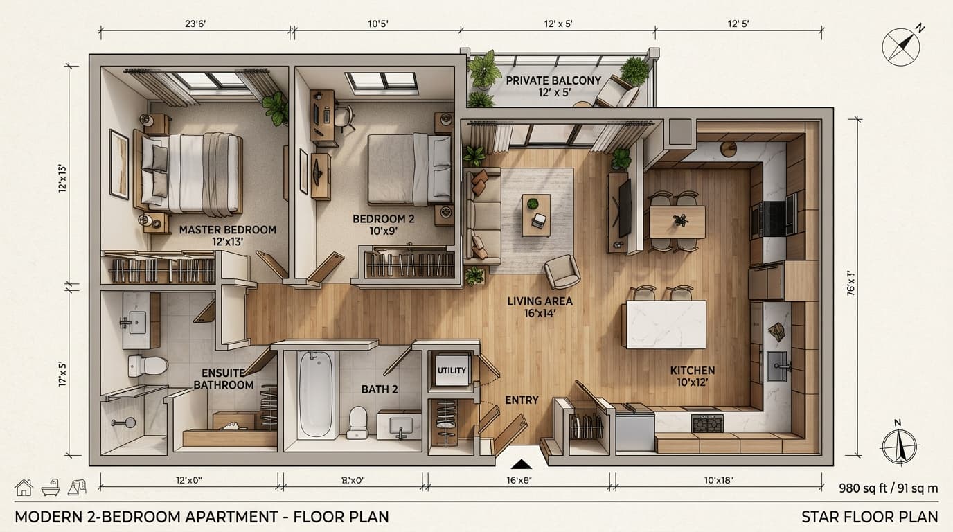 2-bedroom floor plans perfect for couples, retirees, and small families