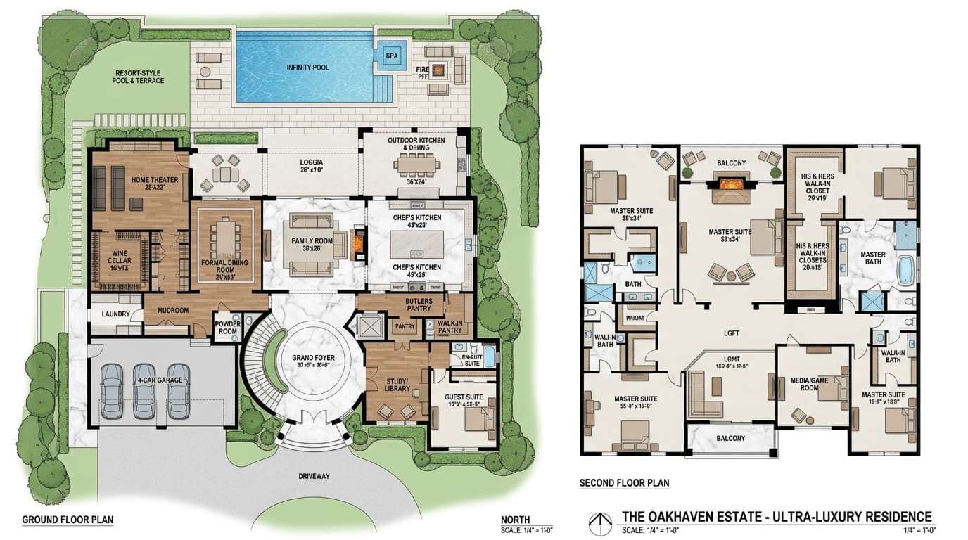 Luxury floor plan with grand entry, home theater, pool, and premium finishes